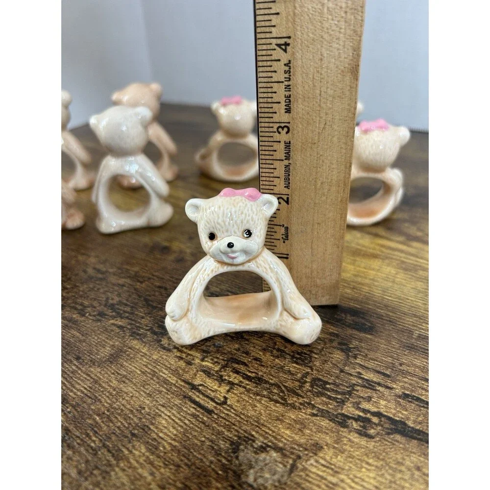 Vintage Taiwan Teddy Bear Ceramic Napkin Ring Holders Set of 8 Brown Boy Girl